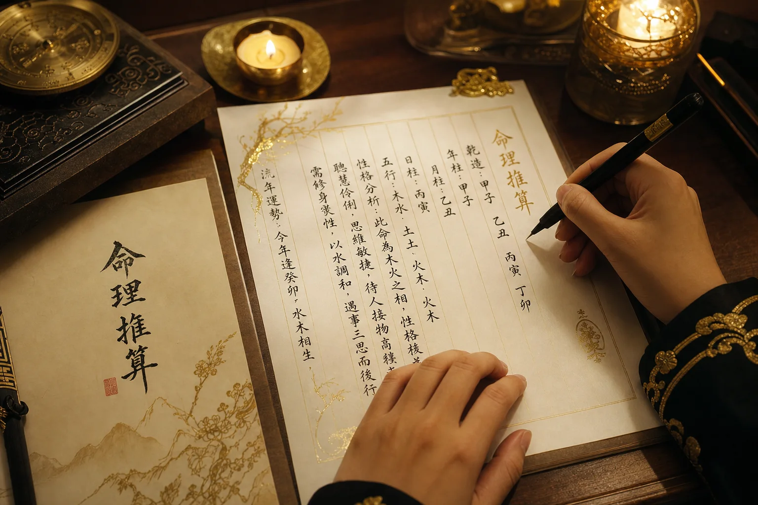 燭台の灯りの下で命盤を読む鑑定の情景