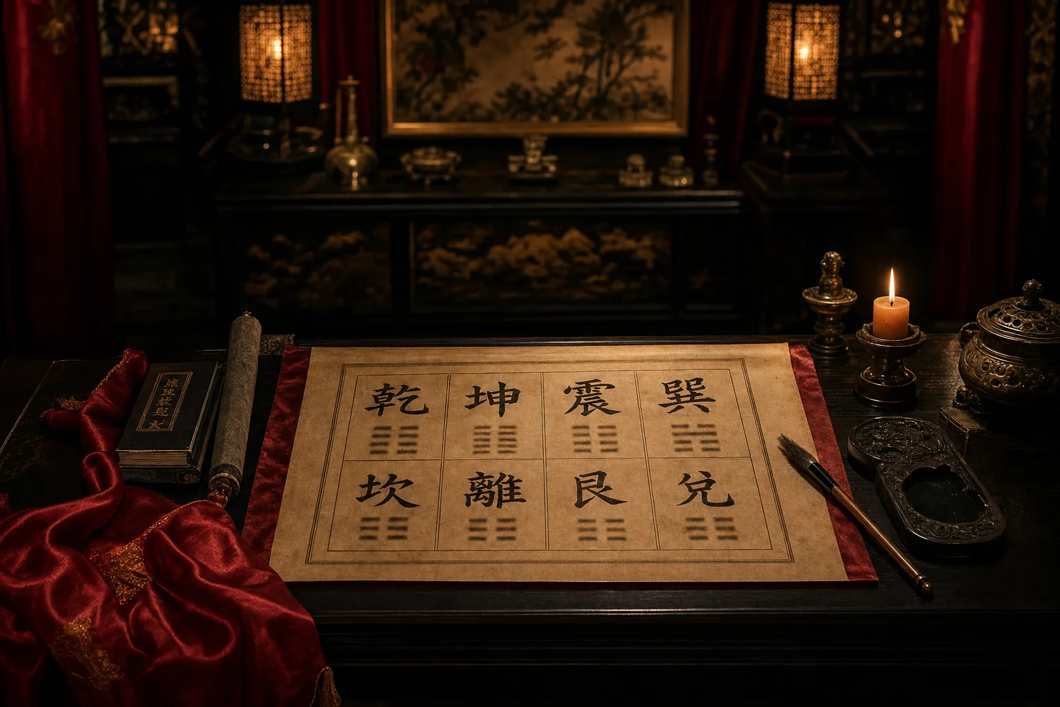 燭台の灯りの下に広げられた八卦の巻物
